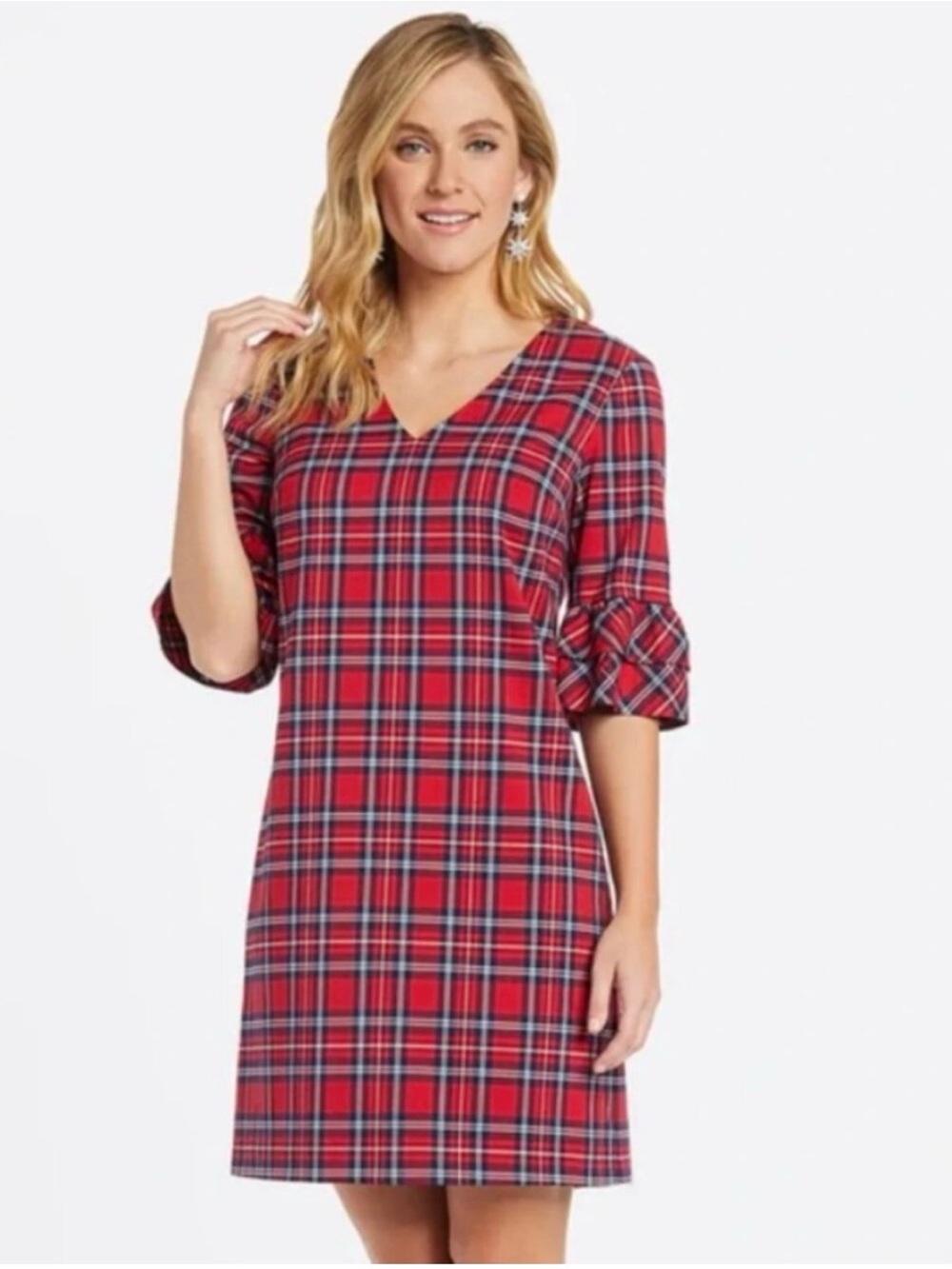 Draper James Angie Red Plaid V-Neck Shift Dress Size 4